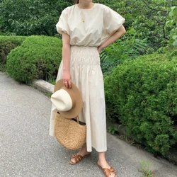 2024 New Women Summer Vintage 2 Two Pieces Skirt Set Puff Sleeve Crop Top with Elastic High Waist Long Skirts