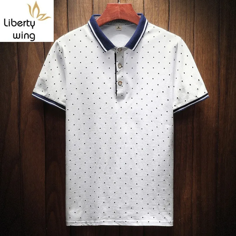 

Fashion New Male Summer Short Sleeve Turn Down Collar Casual T-Shirts Polka Dot Slim Streetwear Mens Tees Top Plus Size M-4XL