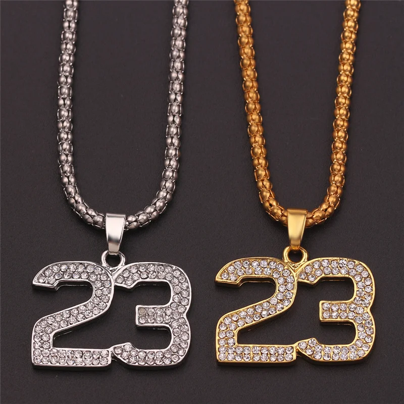 Hip Hop Basketball Legend Number 23 Pendant Necklaces Crystal Bling Gold Cuban Chain Necklace Jewelry For Man Boyfriend Gift