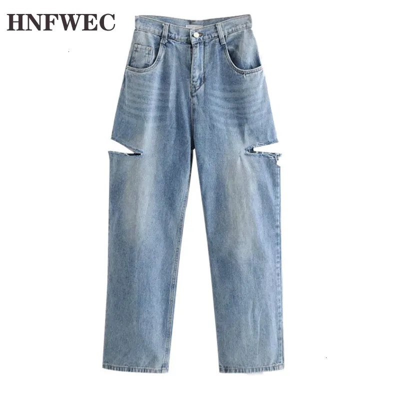 2020 Autumn And Winter New  Fashion Retro Solid Color Hole Loose Temperament Wide Leg Jeans Women D214