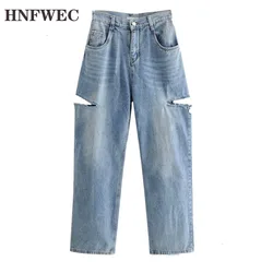 2020 Autumn And Winter New  Fashion Retro Solid Color Hole Loose Temperament Wide Leg Jeans Women D214