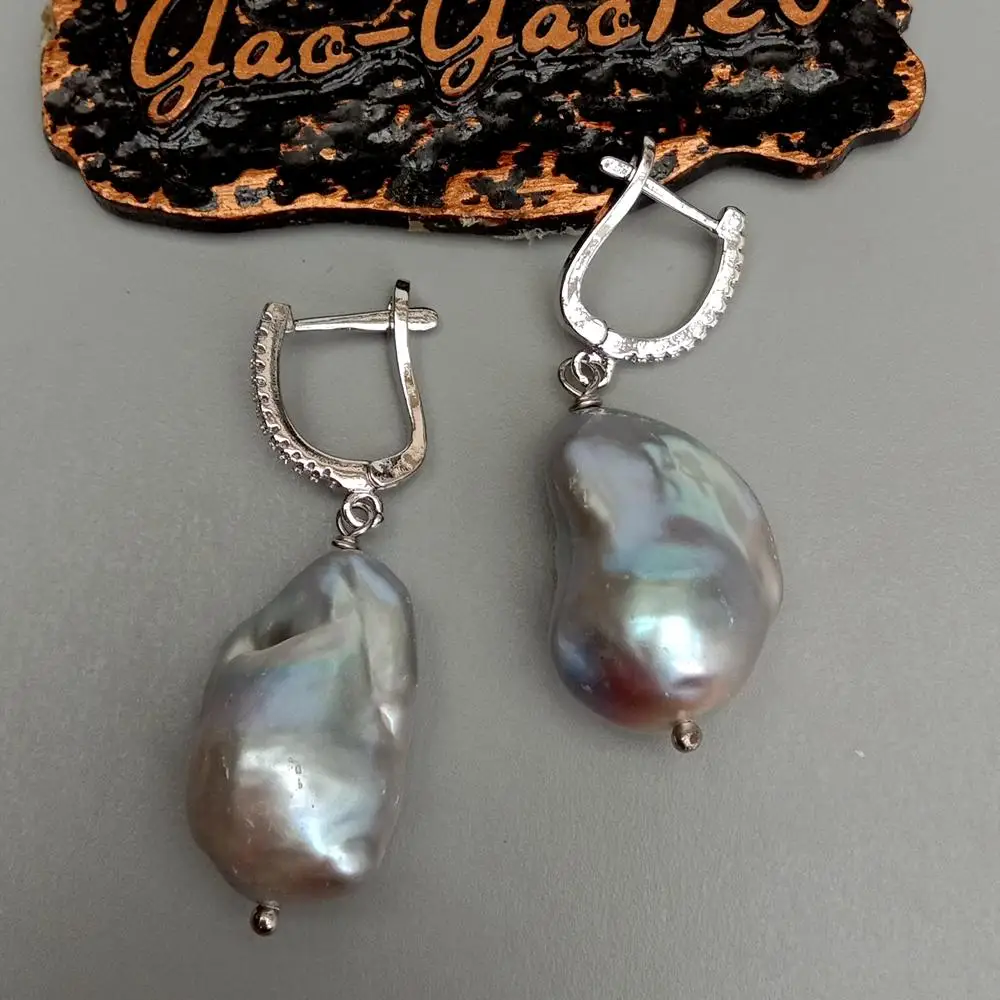 YYGEM natural Cultured Silver Gray Nucleated Flameball Baroque Pearl Cubic Zirconia Pave LeverBack  dangle Earrings - view 4