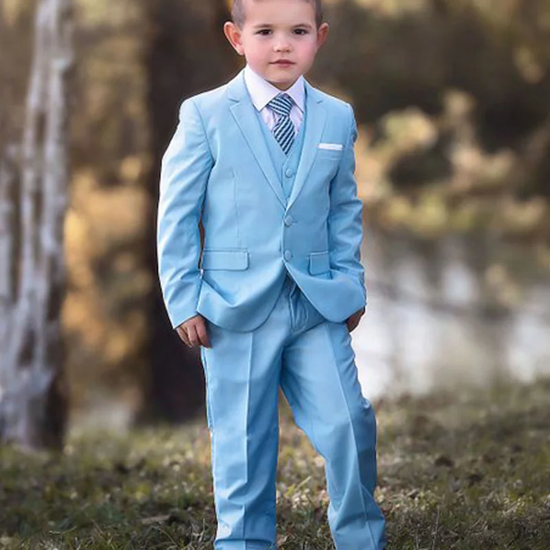 

New Sky Blue Kids Formal Wear For Wedding 3 Pieces Little Boy Tuxedos Boys Party Prom Outfits (jacket+vest+pants)