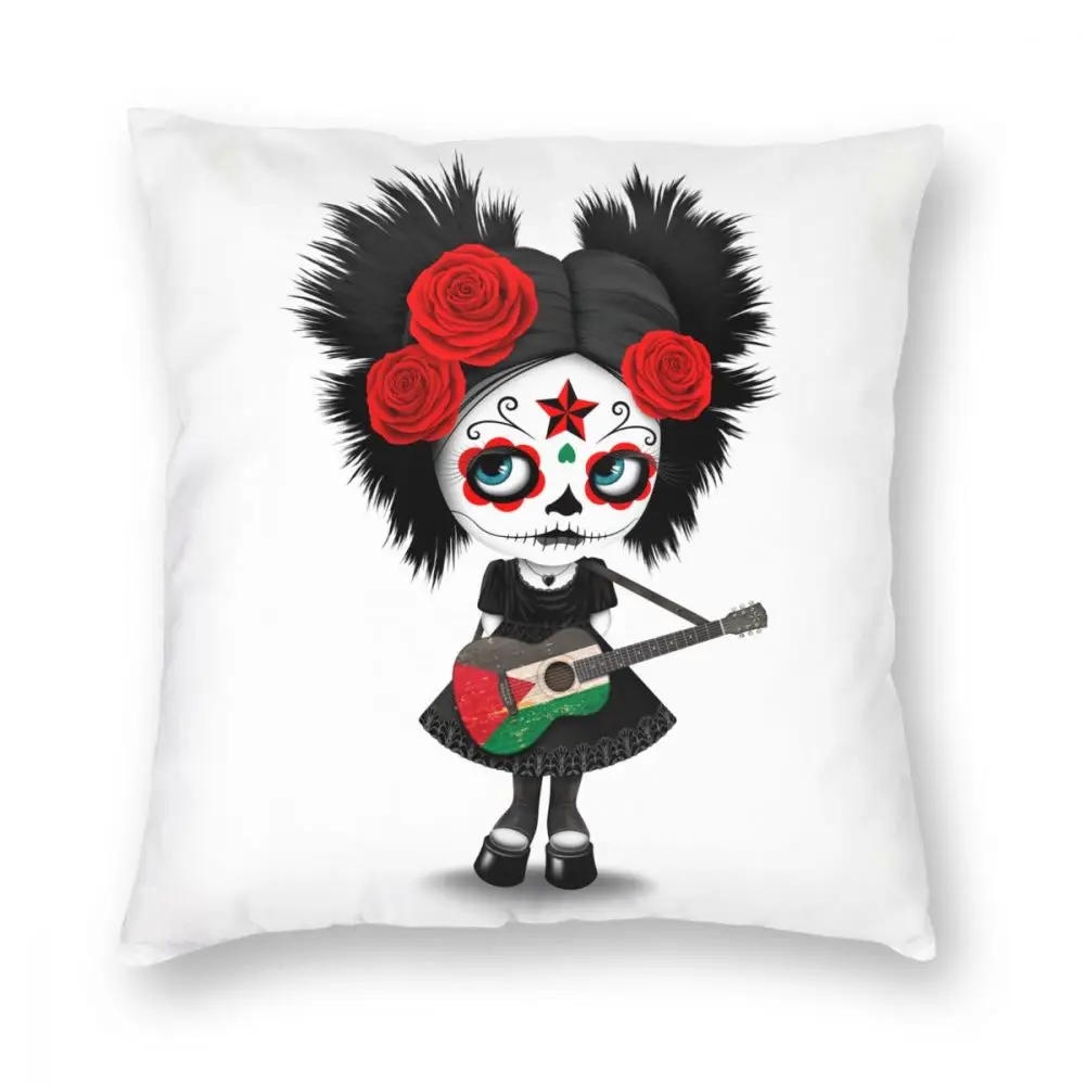 Sugar Skull Girl Playing Palestinian Flag Guitar Throw Pillow Cover Polyester Cushions for Sofa Halloween Horrible Pillowcase