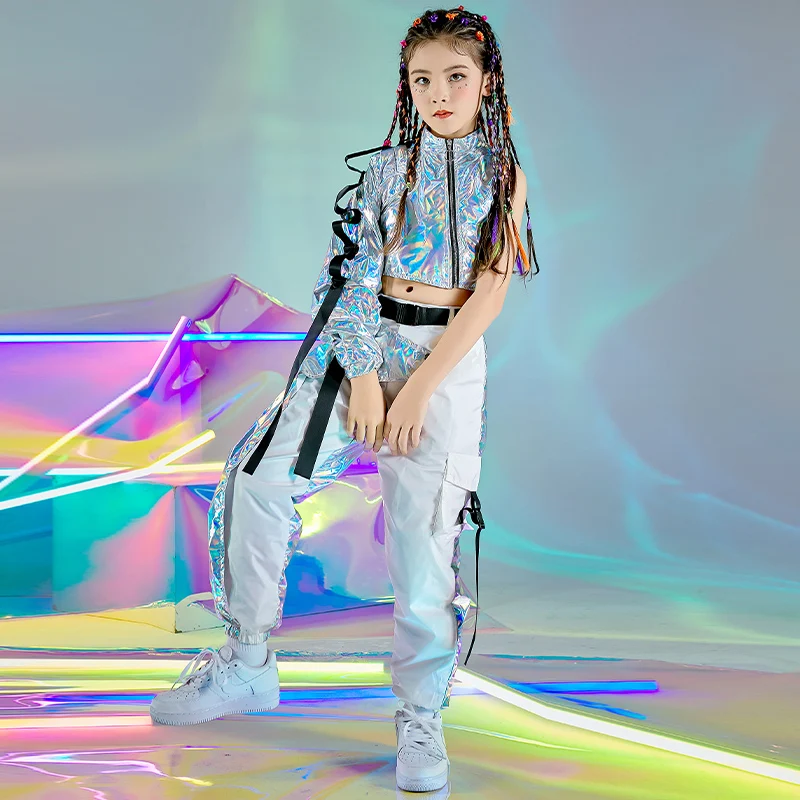 Hip-Hop Dance Clothes Reflective Rave Outfit Girl Sets Jazz Dancewear Festival Crop Tops Cargo Pants Catwalk Show Costume DL8320