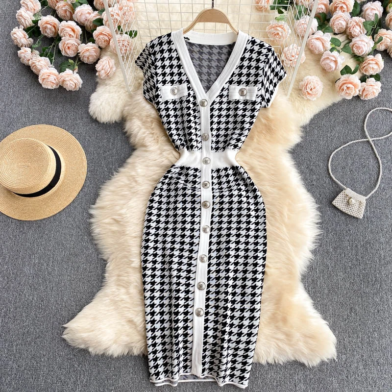 Pinkou Women Stylish Houndstooth Tweed Dress Short Sleeve Pockets Stretchy Slim Dresses V Neck Sheath Midi Vestidos QA52