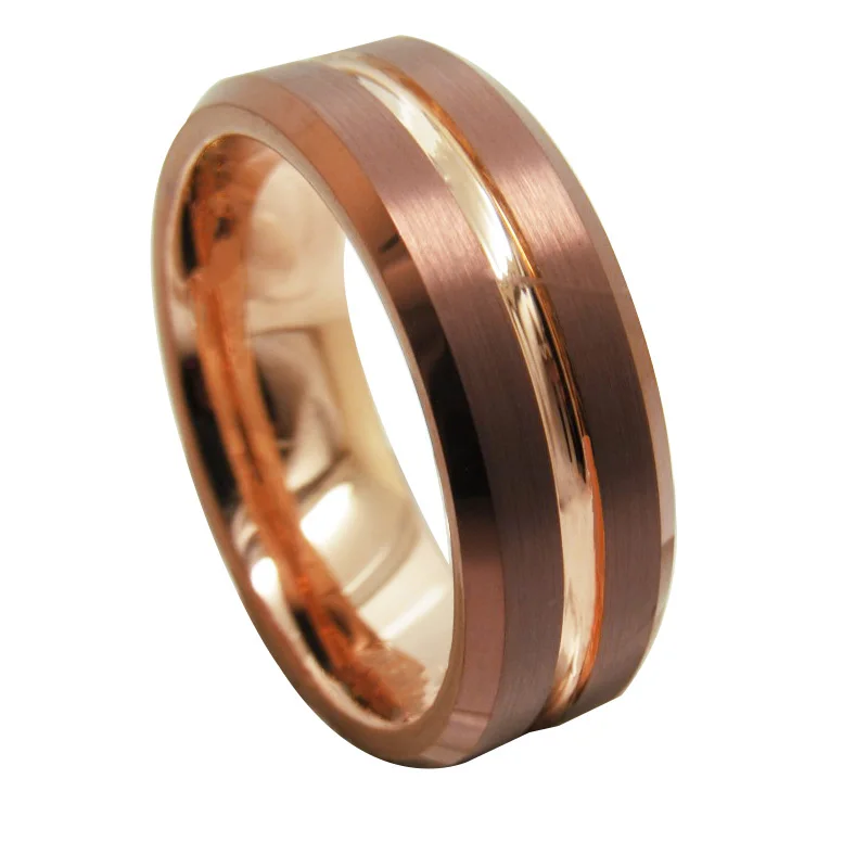 

6/8mm Width Rose Gold & Brown Tungsten Couple Rings for Promise Band Custom Name Ring Groove Finishing Size 5-14