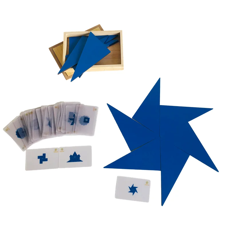 Caixa triangular azul montessori com cartas, jogo de construção geométrica, brinquedos para crianças, educação infantil, jogo criativo