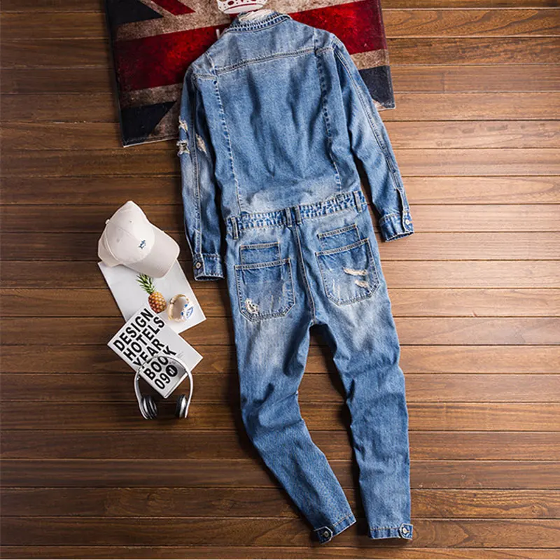 High Street Men Denim Jumpsuit Hip Hop Streetwear Hole Ripped Jeans Overalls Tattered Cargo Pants Fashion Freight Trousers