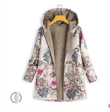 1pcs/lot Women Winter Warm Floral Hooded Jacket Flower Print Hoody Vintage fleece print coat