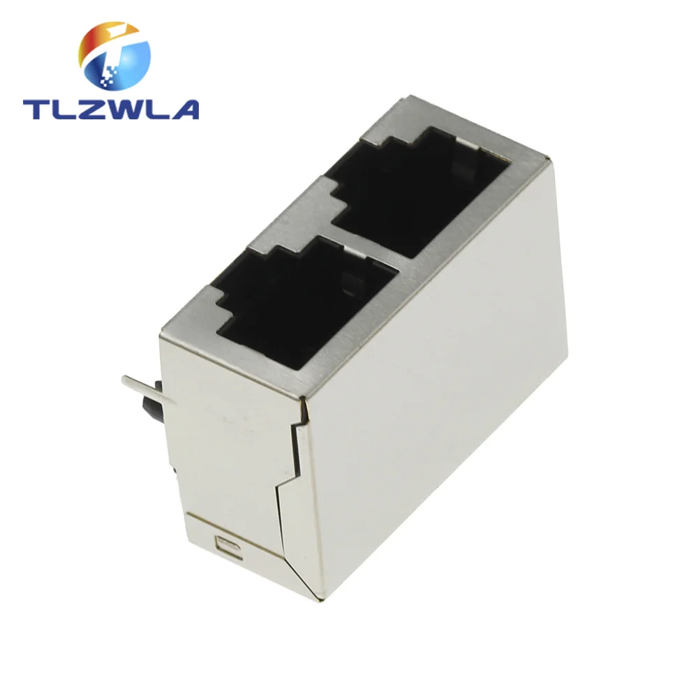 1PCS 1*2 RJ45 Metal 16 Pin Female PCB Right Angle Board Jack Connector 8P8C Crystal Head Socket 1x2 21mm Network Interface