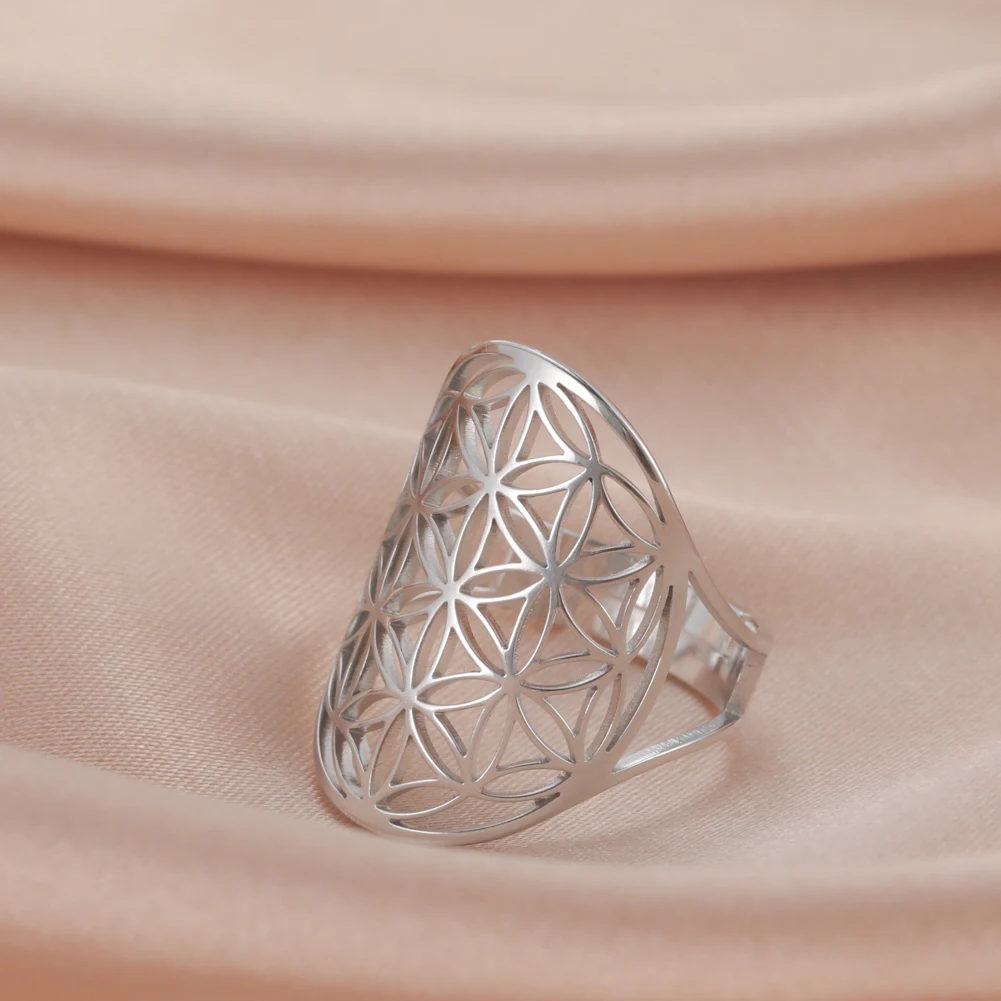 Skyrim Stainless Steel Flower of Life Rings for Women Girls Gold Color Sacred Geometry Jewelry Amulet Adjustable Rings Gifts