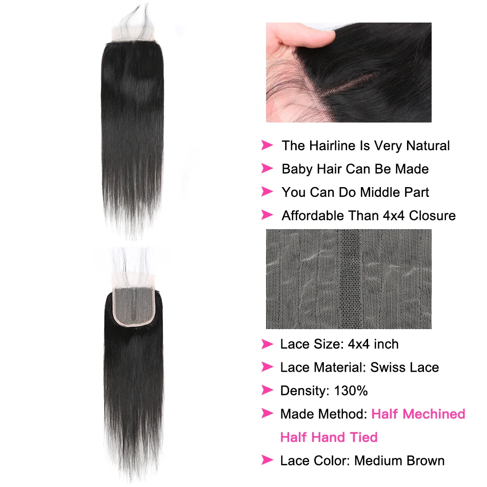 Mèches brésiliennes naturelles Remy lisses-YYong, T4x4x1, avec bonnet en dentelle, partie centrale, lots de 3/4