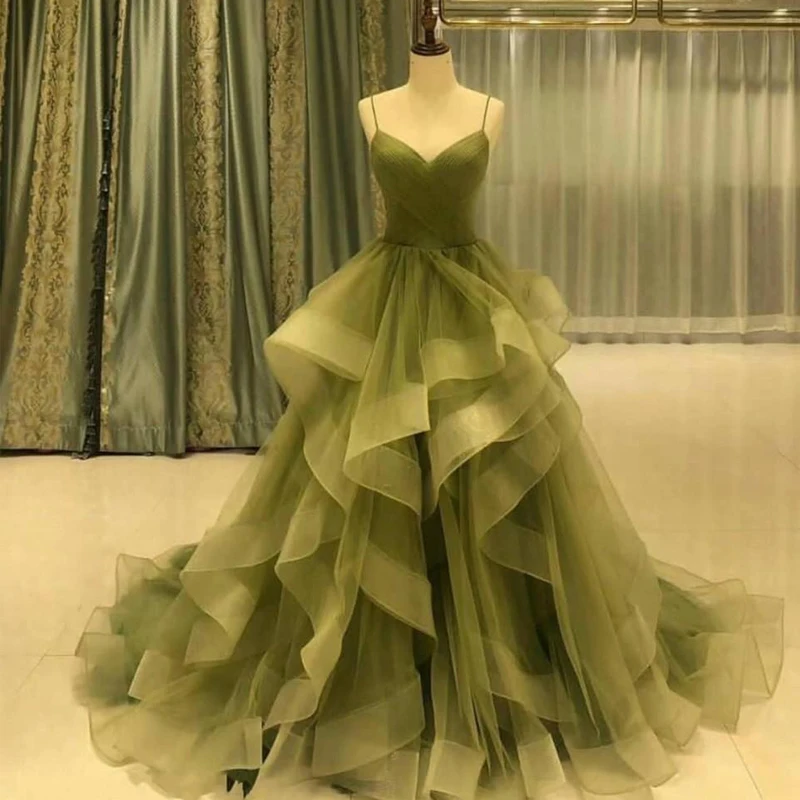 Olive Green Ruffles Skirt Homecoming Dresses Spaghetti Strap Ruched Sweep Train Prom Dress 2021