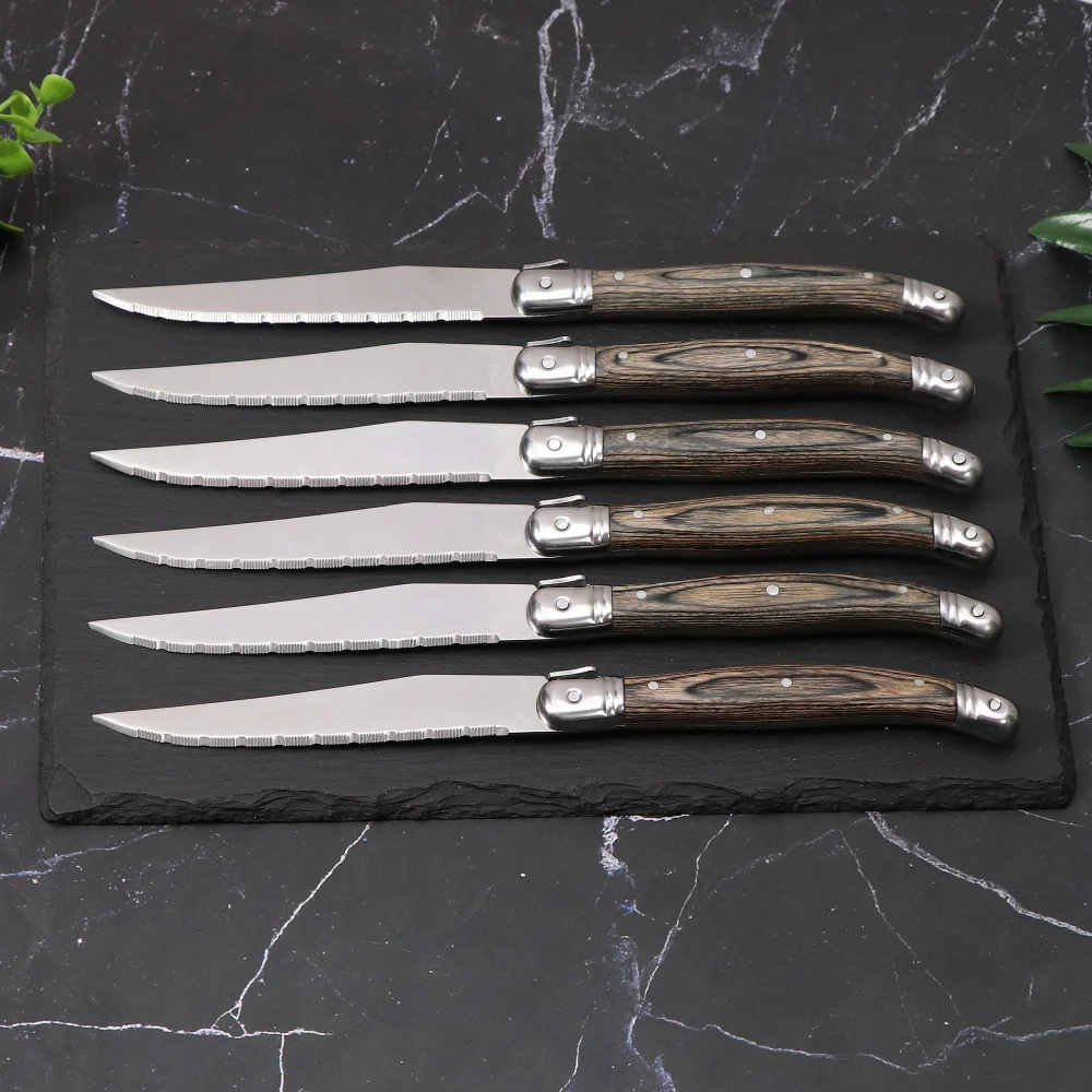 Jaswehome 6pcs/Set Stainless Steel Steak Knife Dinner Cutery Knife Tableware Set Grey Pakkawood Handle Dinner Knives Flatware