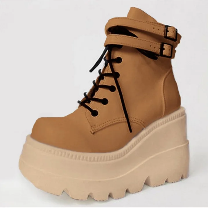 Botas Women Motorcycle Winter Buckle Ankel Boots Women Punk Female Platform Boots Wedges High Heels PU Women Boots Botas Mujer