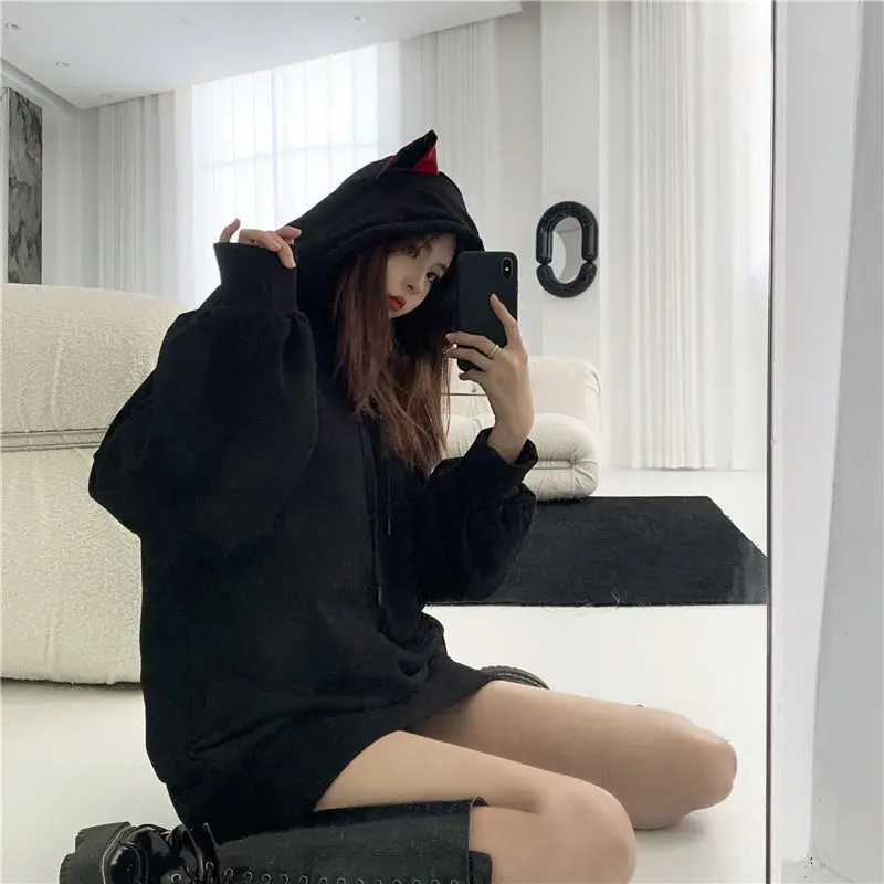 Houzhou orelhas de gato hoodie feminino preto kawaii manga longa outono inverno moletom com capuz gótico streetwear solto roupas casuais