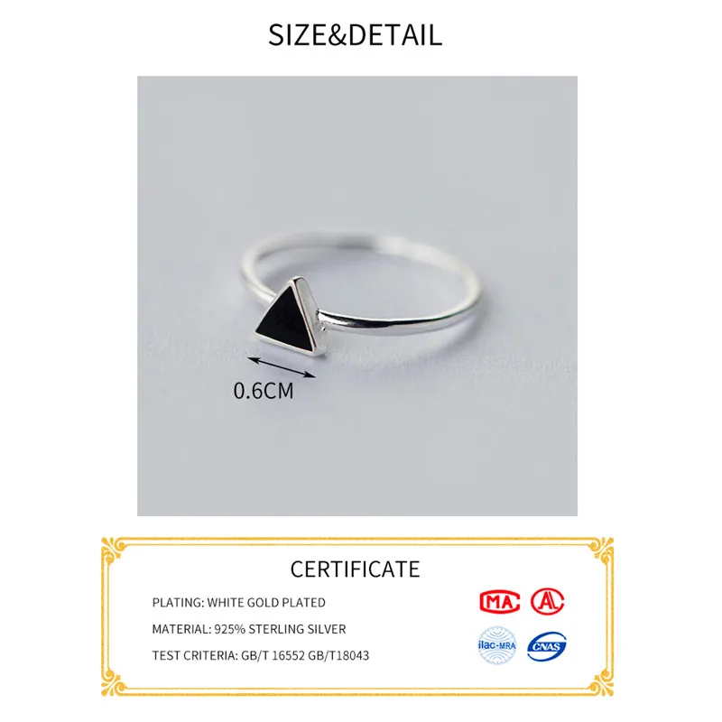 Anillo de Plata de Ley 925 para mujer, sortija ajustable de triángulo de esmalte negro geométrico, joyería fina minimalista para regalo de fiesta