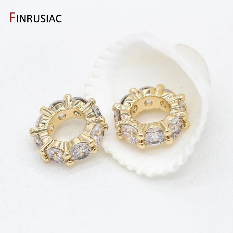 10mm 14K Gold Plated Brass Zircon Rhinestone Rondelles Crystal Bead Loose Spacer Beads for DIY Jewelry Making Accessories