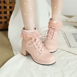 YQBTDL Pink White Black Chunky High Heel Lolita Shoes Butterfly-knot Faux Fur Tassel Womens Cosplay Princess Ankle Boots Winter