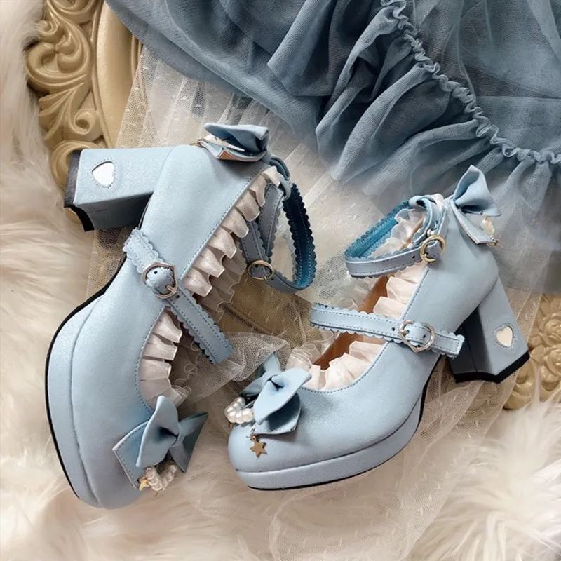 

Star shift Lolita shoes Bowknot Princess Kawaii Girl Women Shoes Thick Middle Heel Vintage Sweet Lolita Shoes Victoria cos loli