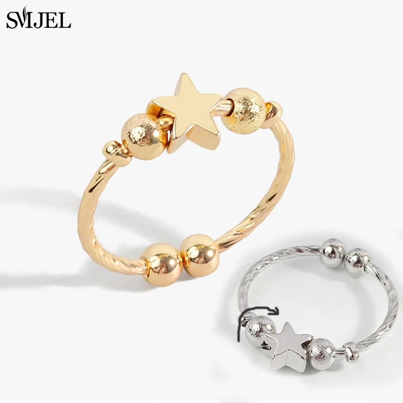 Fashion Metal Beads Star Charm Anxiety Ring for Women Girl Design Spinner Spiral Fidget Rings Anti Stress Toy High-stress people