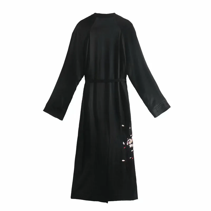 Evfer Women Sprint Fashion Phoenix Embroidery Black Kimono Long Dress Chic Lady High Waist With Belt Japan Style Vintage Dresses