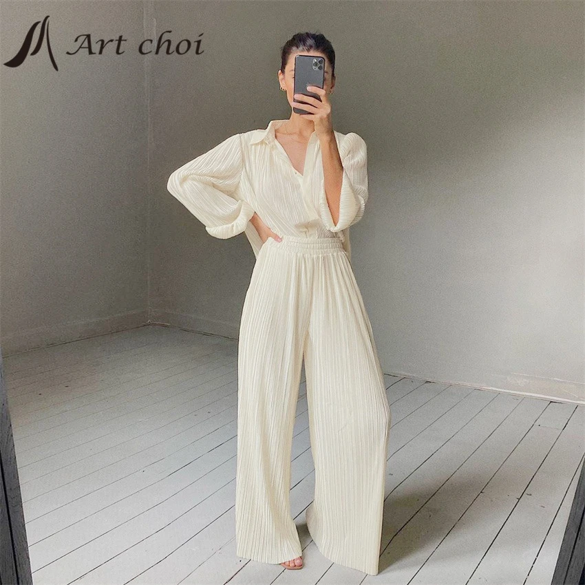 Two-Piece Tracksuit Set for Women, Casual Outfit, Beige Shirt, Long Blouse, Pleated Tops, Wide Leg Pants, Spring and Summer