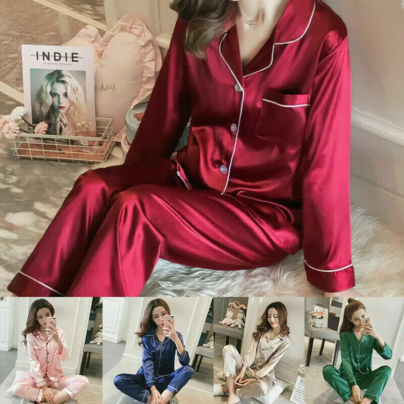 Womens Silk Satin Pajamas Sleepwear Long Sleeve Pajamas Suit Female Sleep Two Piece Set Women's Loungewear Pyjamas Set Plus Size