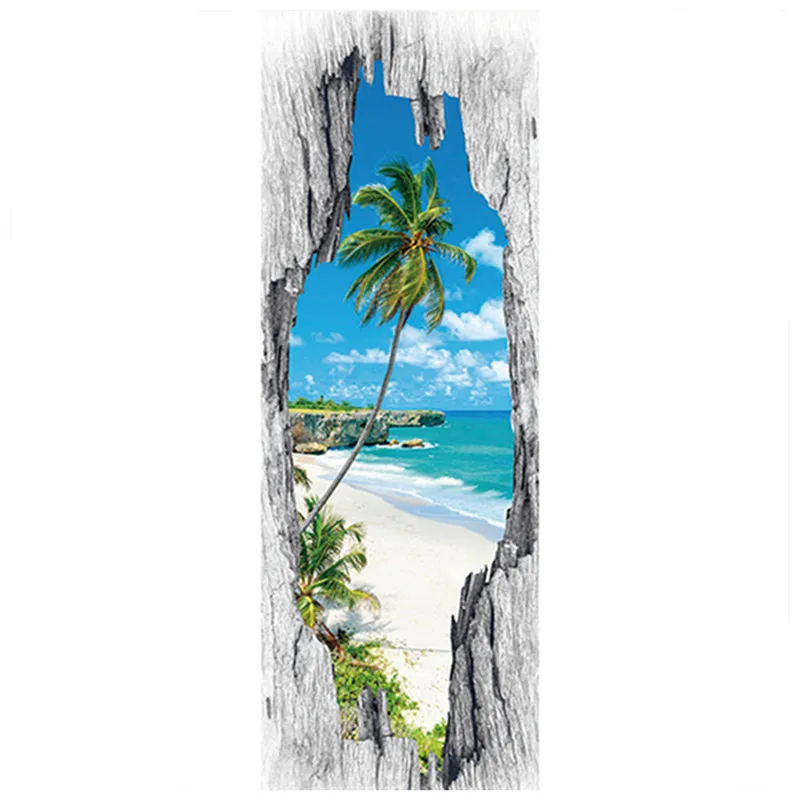 

Sea View Mural Sunny Beach Palm Trees Door Stickers Home Decorations 3D Wall Art Summer Blue Sky Landscape Wallpaper 50*140CM