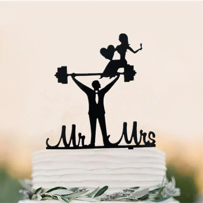 Funny Wedding Party Cake Topper Bride Groom Mr Mrs Acrylic Black Cake Toppers Mixed Sports Style Couples Cake Wedding Decoration