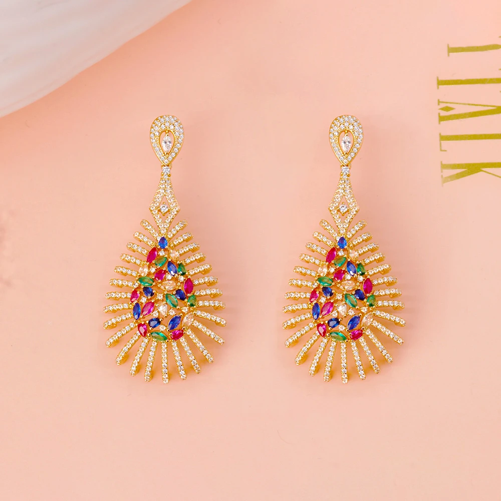 TIRIM Luxury Multicolourl Dangle Earrings For Women Cubic Zircon Flower Jewelry CZ Big Eardrop Wedding Elements of Chinese Style