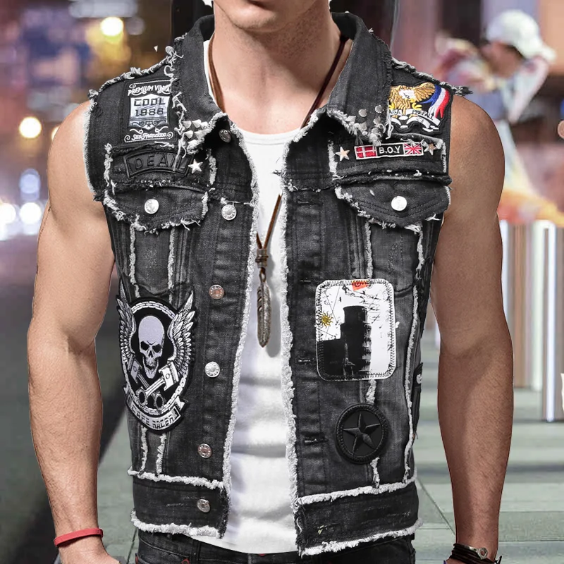Gilet Jeans Uomo Motociclista – Stampa Teschio, Bottoni E Senza Maniche - copertina