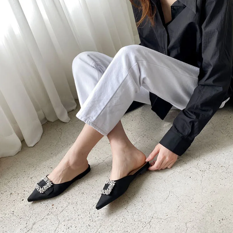 Slipper Outer Wear Female Spring Summer Pointed Shallow Mouth Man-made Diamond Buckle Flat Muller Lazy Leisure Slippers