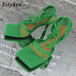 Eilyken Sexy Mesh Pumps Sandals Female Square Toe High Heel Lace Up Cross-tied Stiletto Hollow Dress Shoes Size 35-42