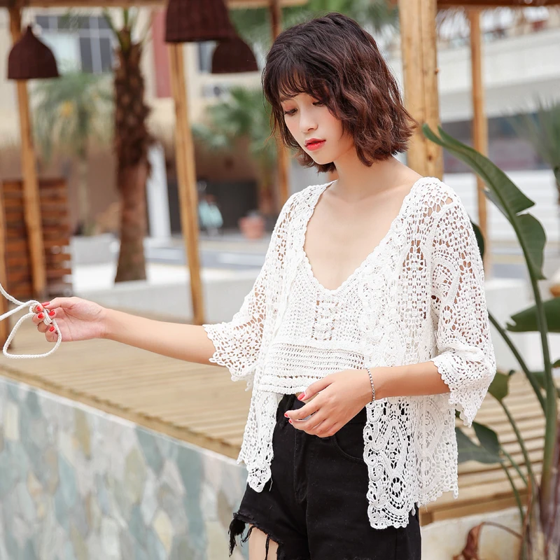 Boho style hollow out crochet lace tops women fashion kawaii half sleeve summer cardigan