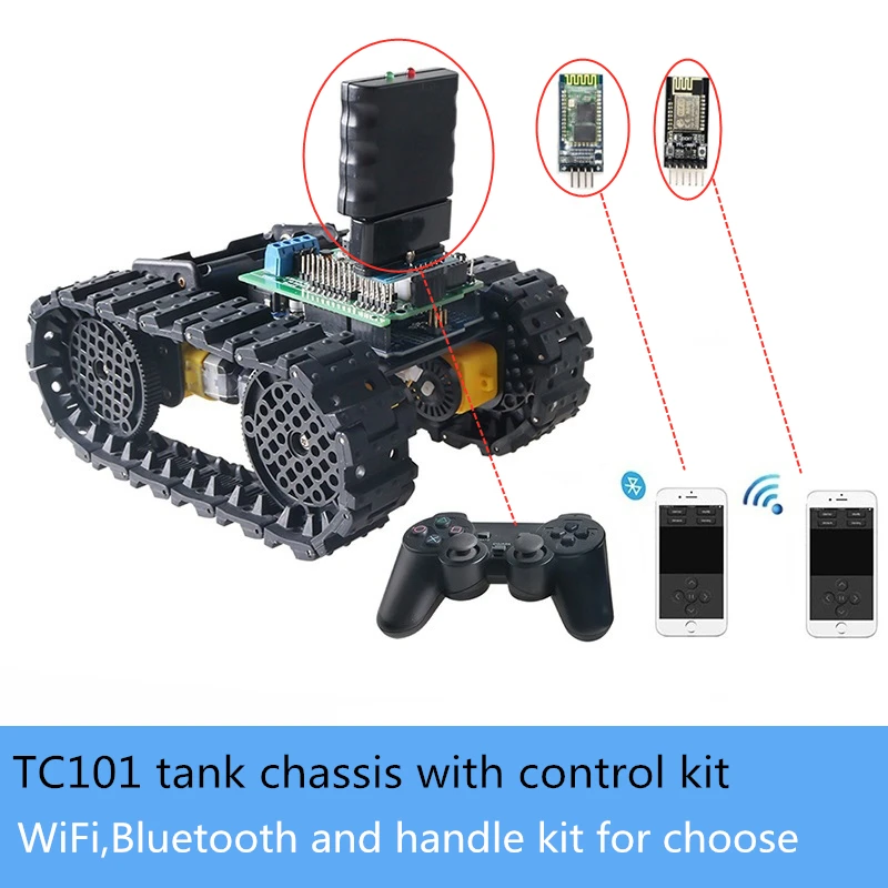 

TC101 4WD Metal Tank Chassis with Control Kit Smart Crawler Robot Platform Rubber Track 4pcs TT Motors DIY RC Unassembled Toy