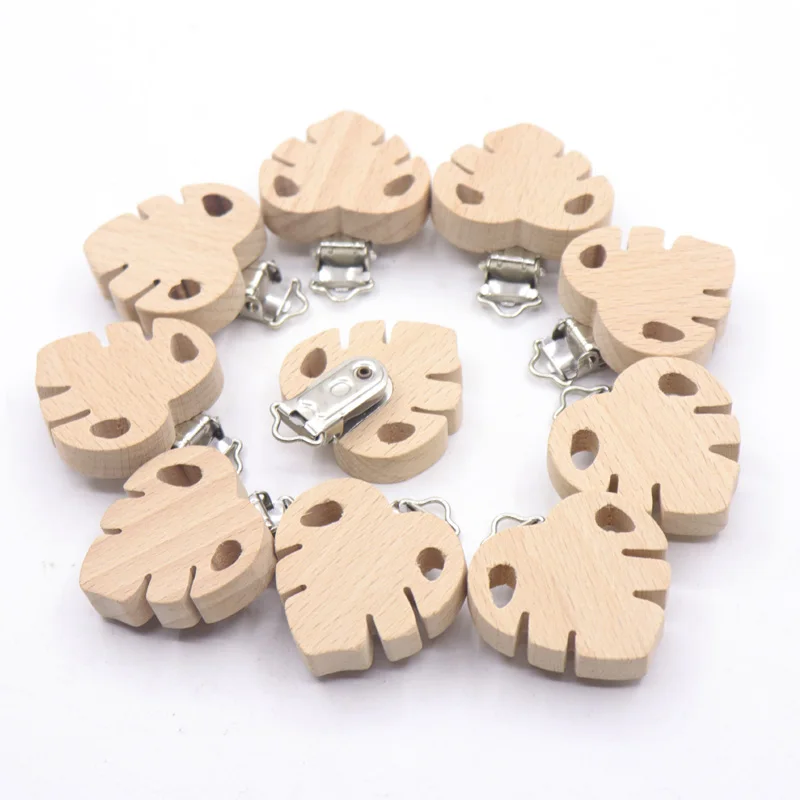 

5pc Natural Wooden Animal Pacifier Metal Clips Baby Accessories Food Grade Holder Heart Pacifier Wooden Baby Teether