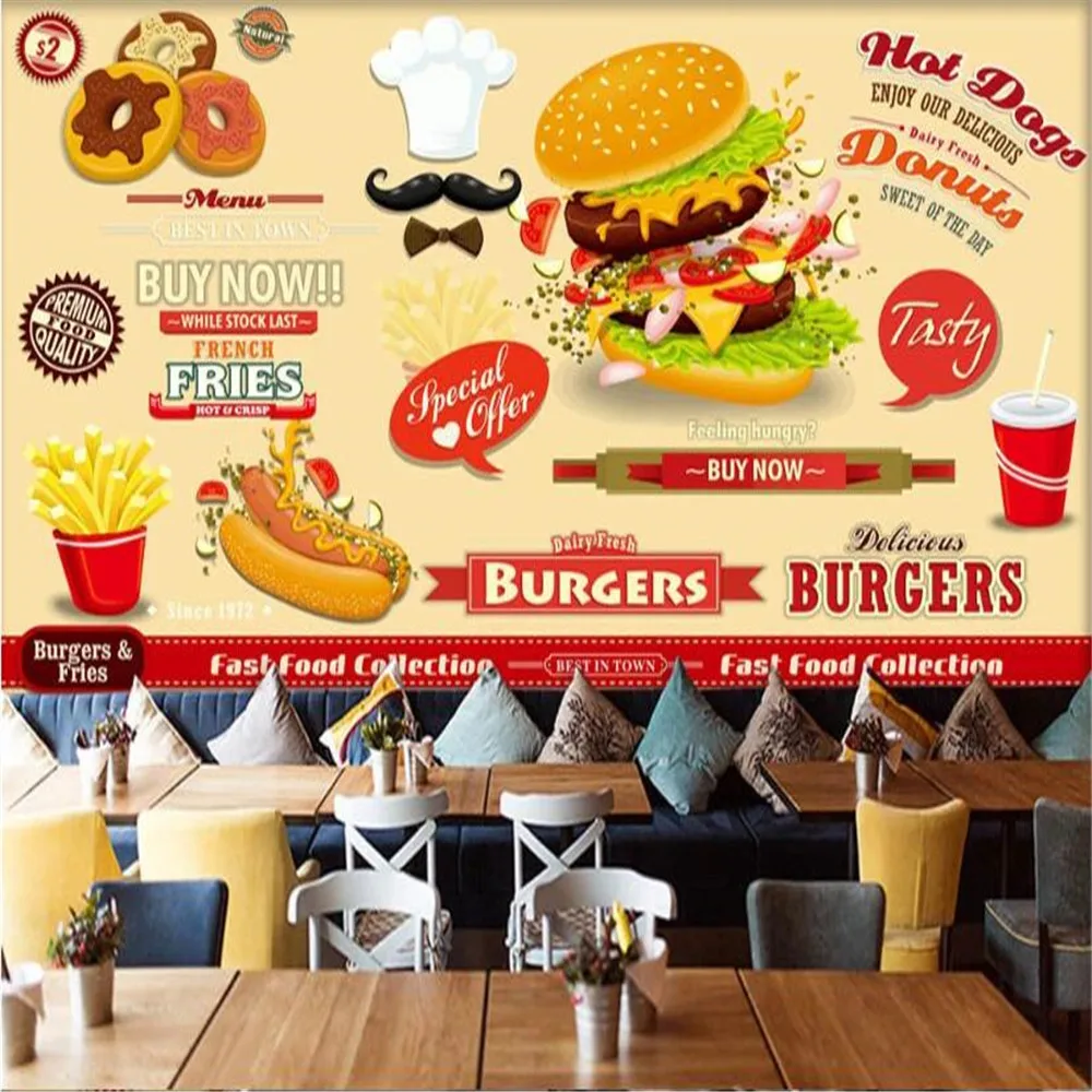 

Milofi custom 3D printing wallpaper mural European and American hand-painted burger fast food restaurant snack bar background wa