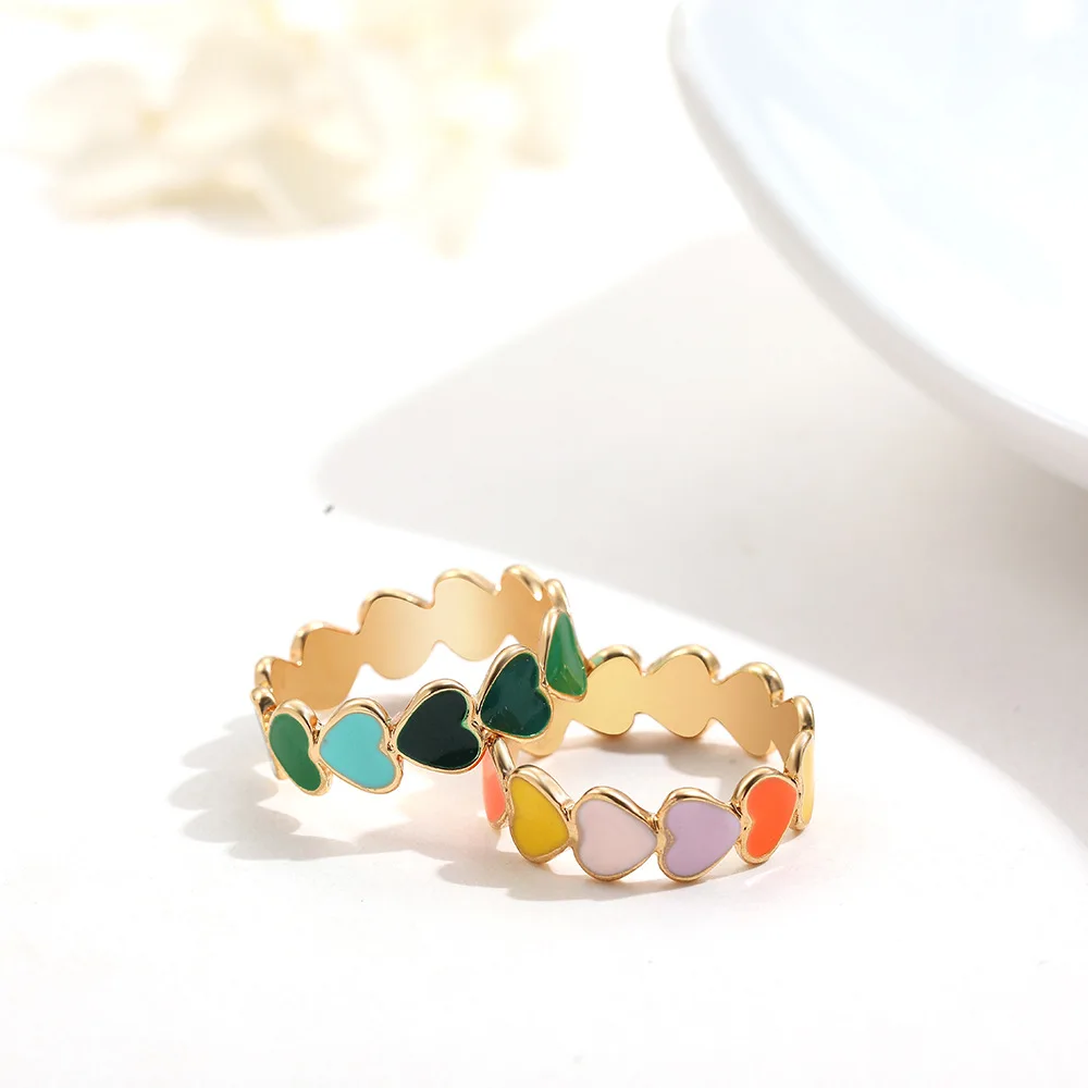 Wear The Rainbow On your Hand Korean Women's Rings Color Dripping Cute Love Heart Hoop Retro Simple Wild Finger Circlet Jewelry