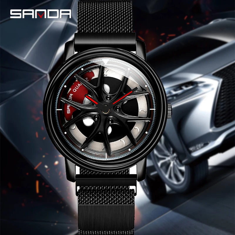 Men Watch Car Wheel Rim Hub Dial Male Wristwatch Skeleton Man Black Waterproof Watches Stainless Steel Quartz Relogio Masculino