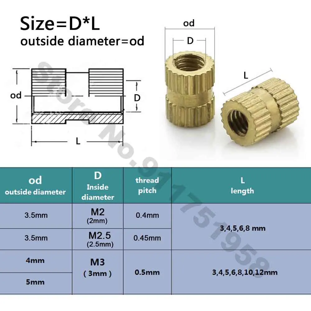 25pcs M2 M2.5 M3 Solid Brass Pure Copper Metric Thread Injection Molding Knurl Insert Nut Though Hole Round Column OD 3.5 4 5mm