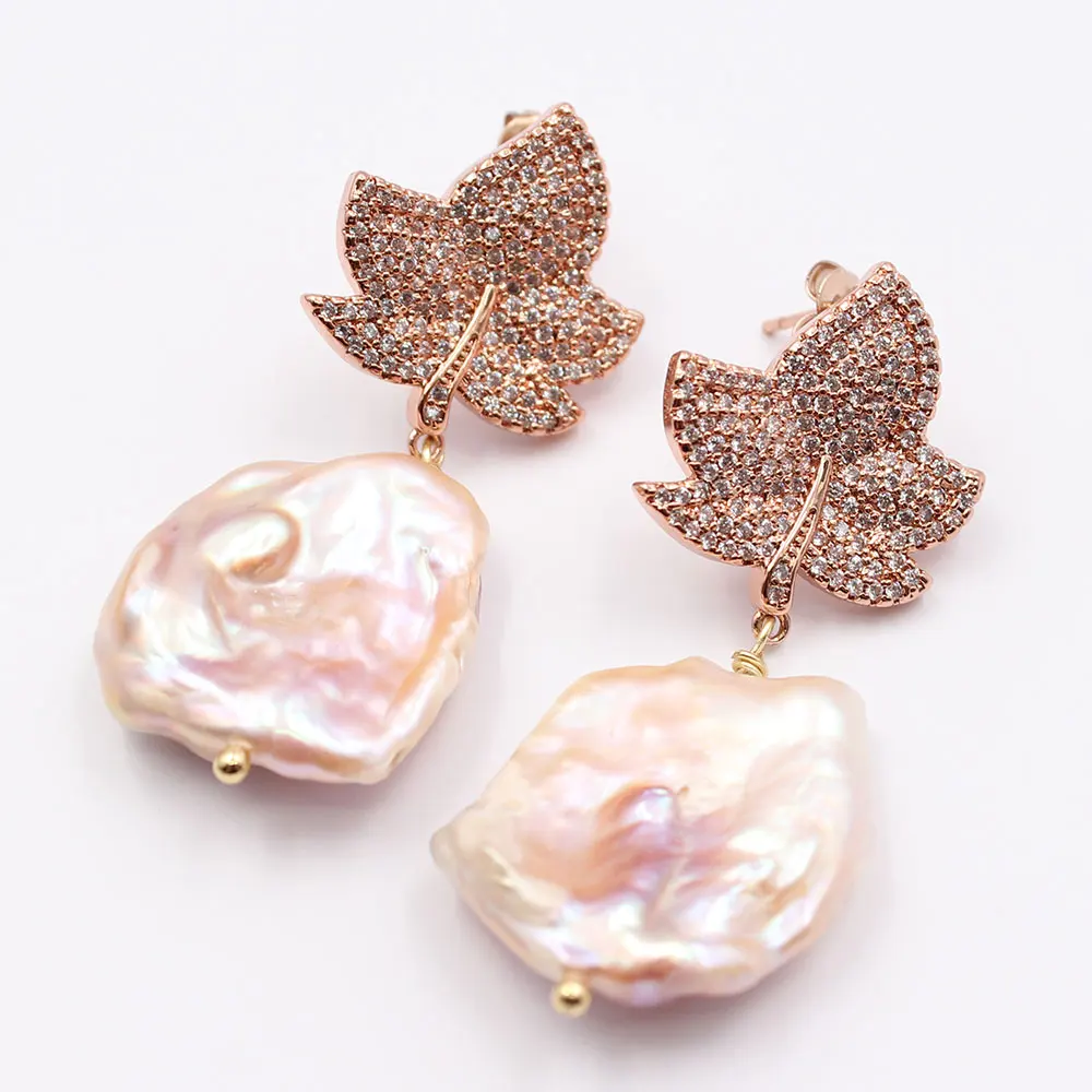 Natural Lavender Keshi Pearl CZ Paved Rose Gold Flower Stud Earrings CZ Fitting Handmade For Women