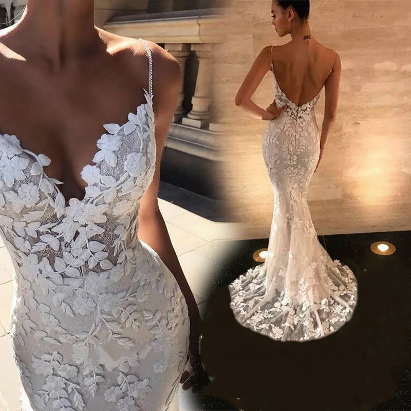 FATAPAESE Sexy Backless Lace Mermaid Wedding Dresses Spaghetti Straps Beaded Bridal Gown Princess Dress Vestido De Noiva Sereia