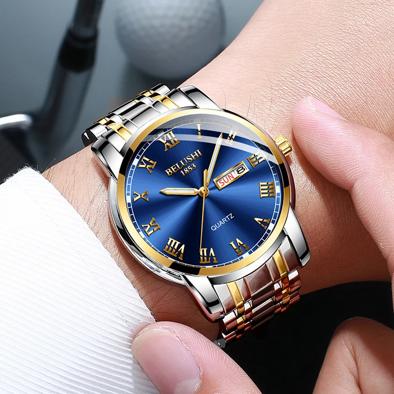 BELUSHI Men\'s Fashion Business Quartz Watches Top Luxury Brand Full Steel Waterproof Analog Wristwatches Men Calendar Clock