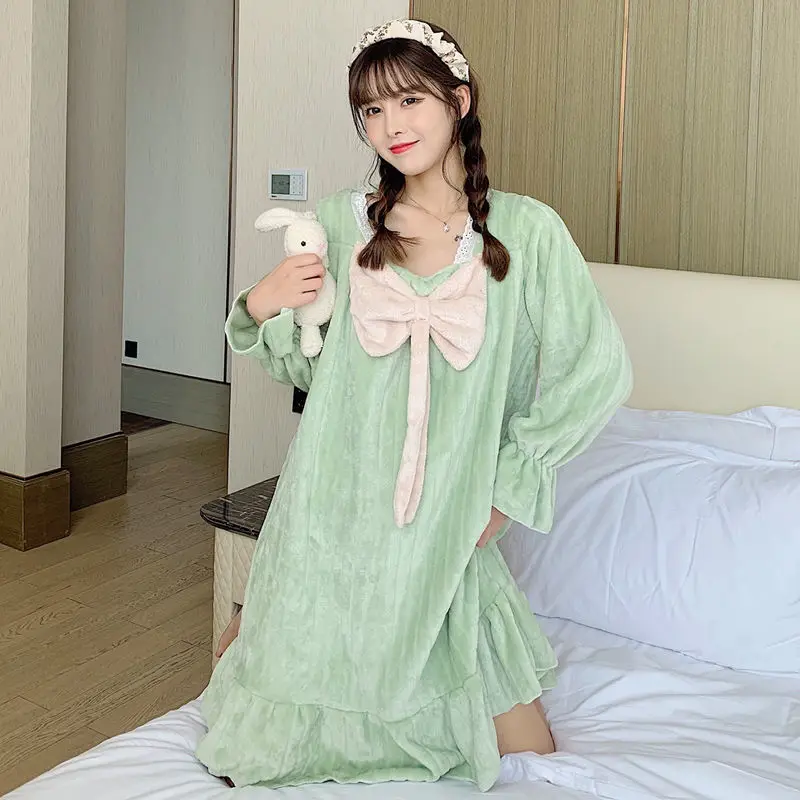 12 Colors Winter Thick Thermal Nightgowns Women Sweet Square Collar Bow Loose Fluffy Leisure Soft Tender Nightwear Fresh Flannel