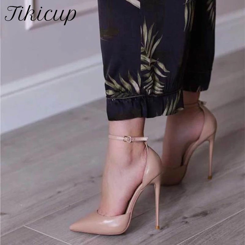

Tikicup Glossy Nude Sexy Women Ankle Strap D'Orsay Pointed Toe High Heels Designer Shallow Stiletto Pumps Elegant Dress Shoes