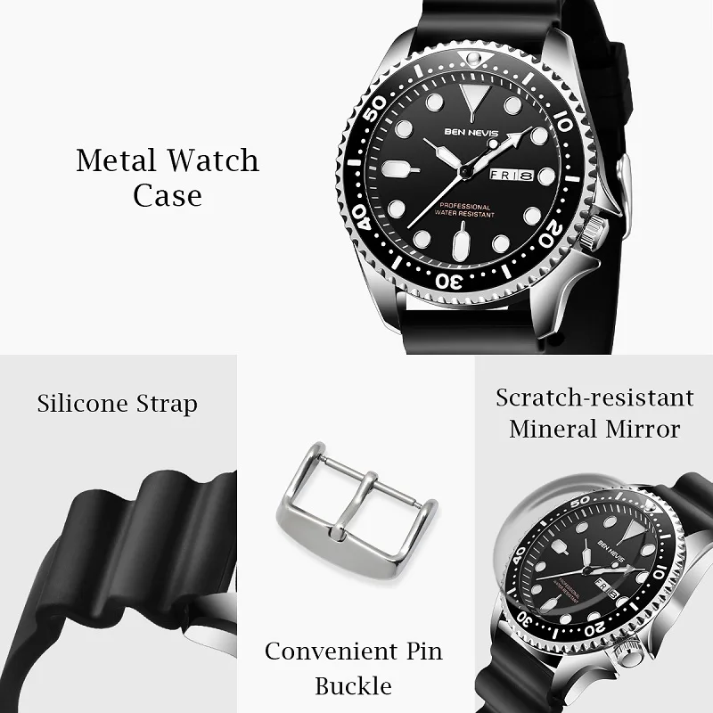 BEN NEVIS Rotatable Case Watch Men Luminous Hands Military Waterproof Wristwatch Date Week Rubber Strap Watch Men Wrist BN3017G