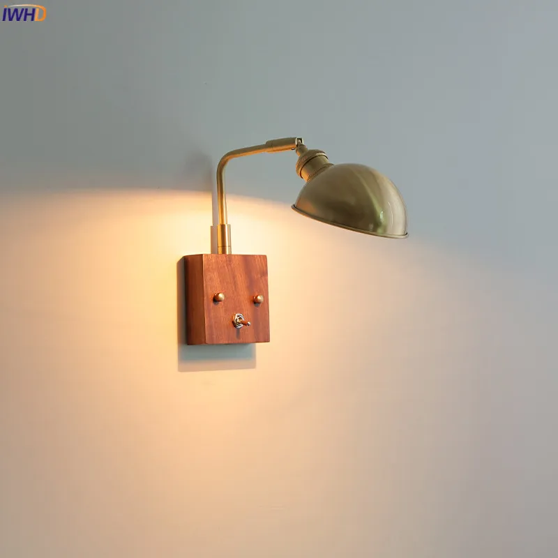 

IWHD Nordic Modern Copper Wall Sconce Beside Lamp Bedroom Bathroom Mirror Stair Light Toggle Switch Wood Canopy Wandlamp LED