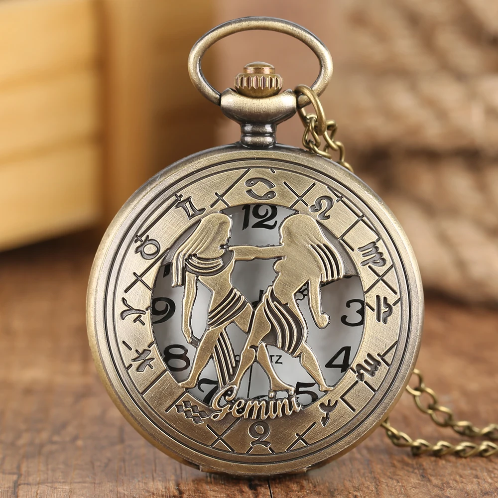 Twelve Constellation Theme Quartz Pocket Watches Vintage Collection Birthday Unisex Gifts Retro Bronze Pendant Necklace Clock